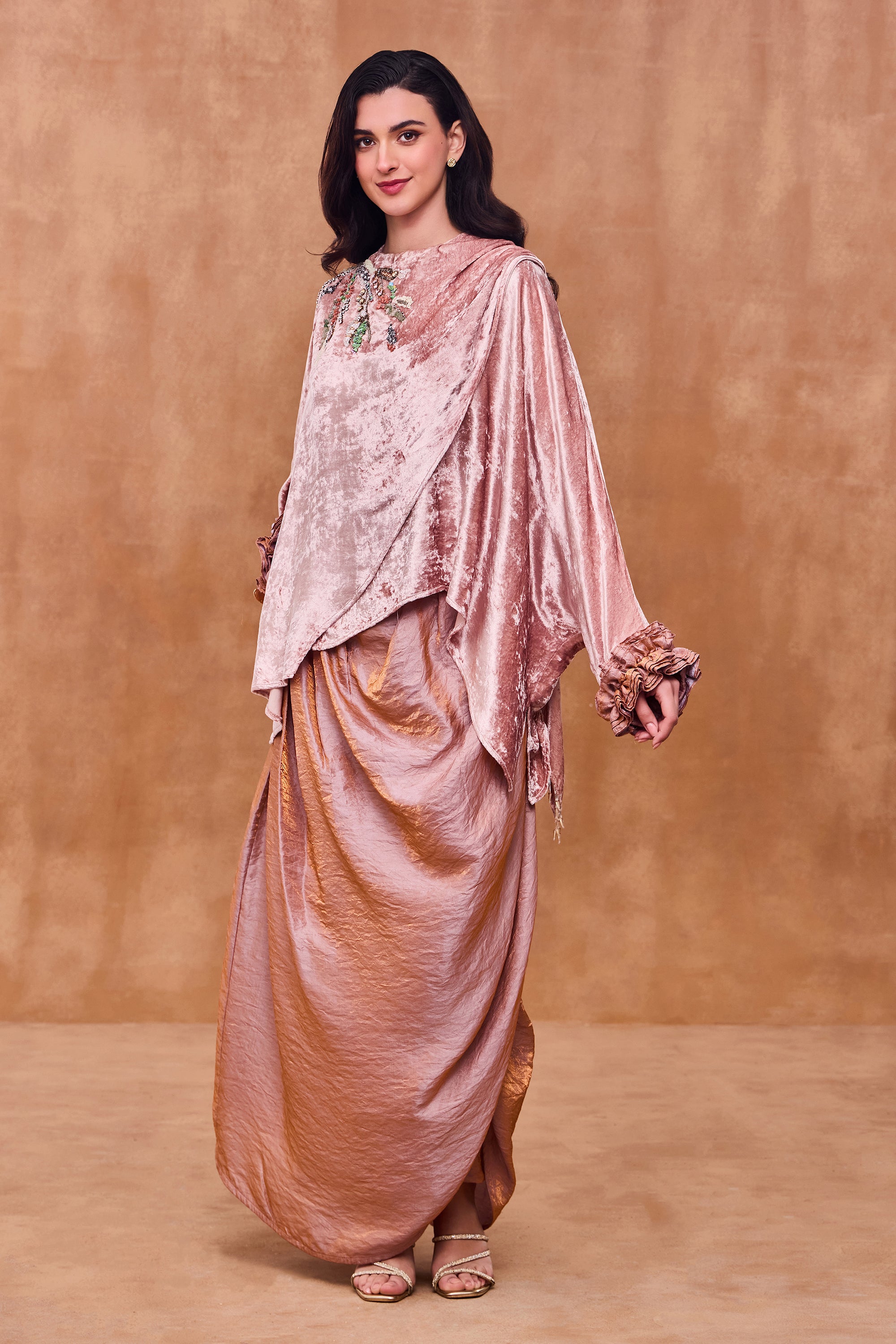 Olivarae Embellished Cape with Cowl Skirt