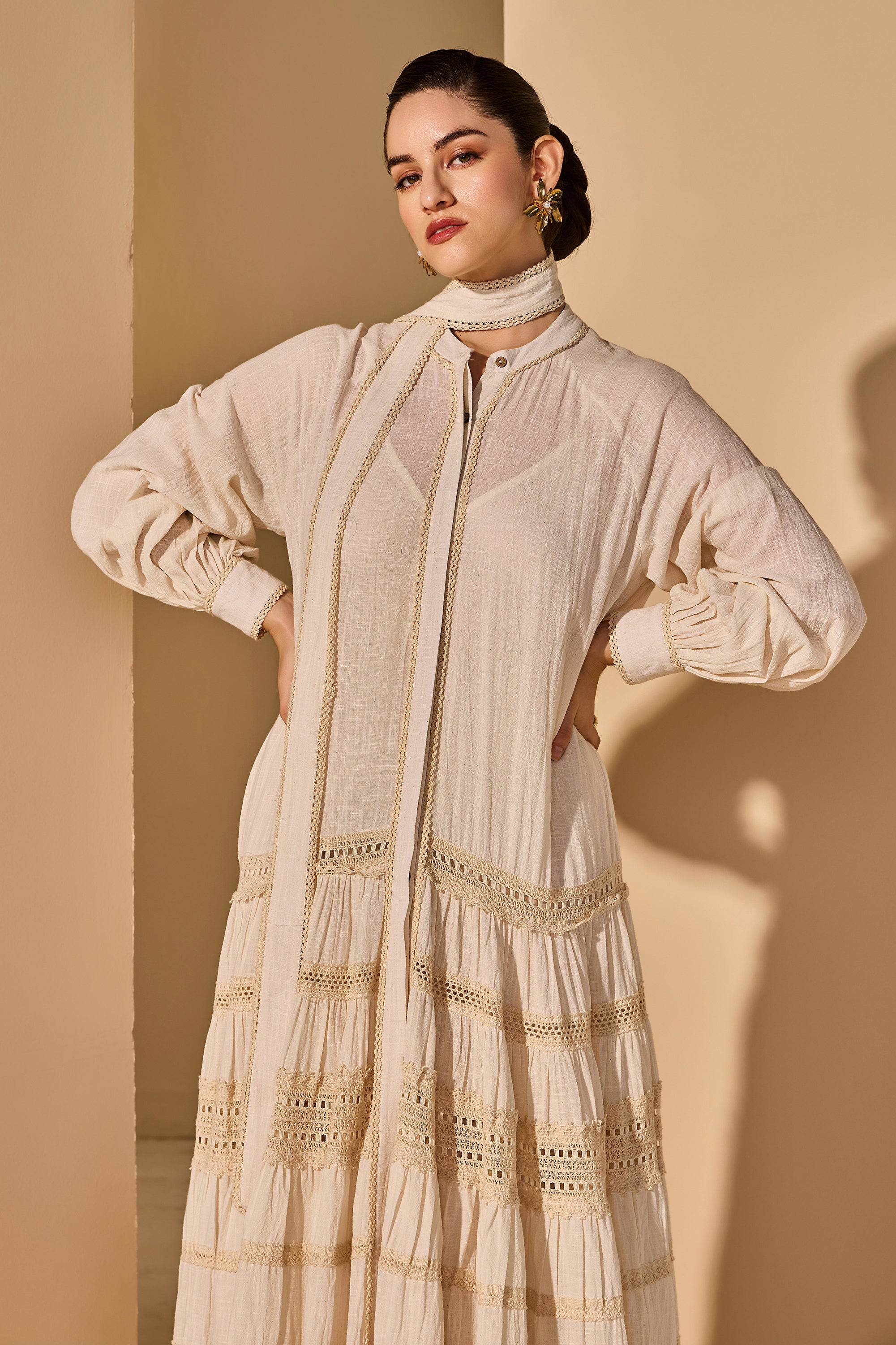 Mireena Cotton Slub Tiered Dress with Belt