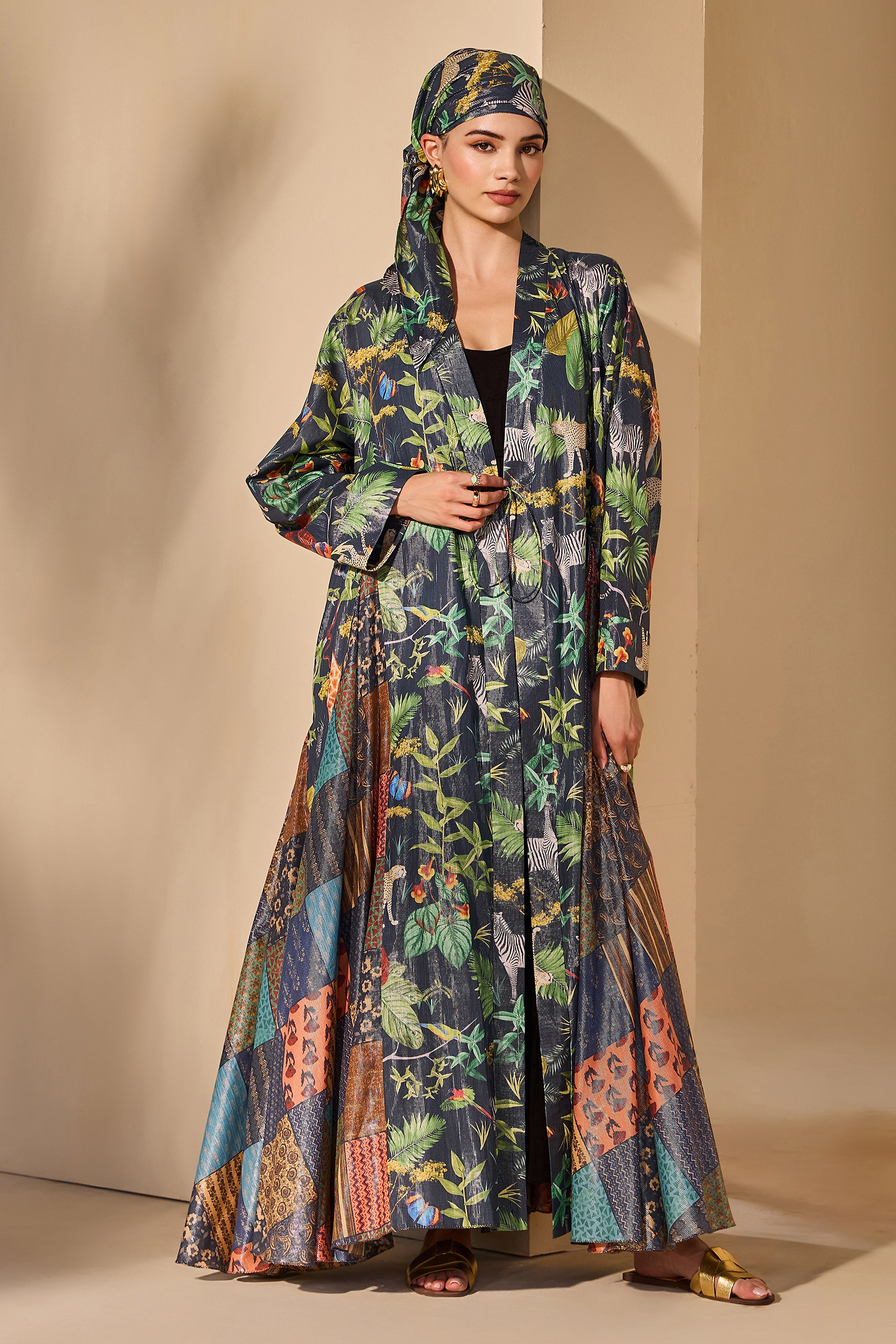 Rejina Cotton Printed Flared Jacket with Scarf