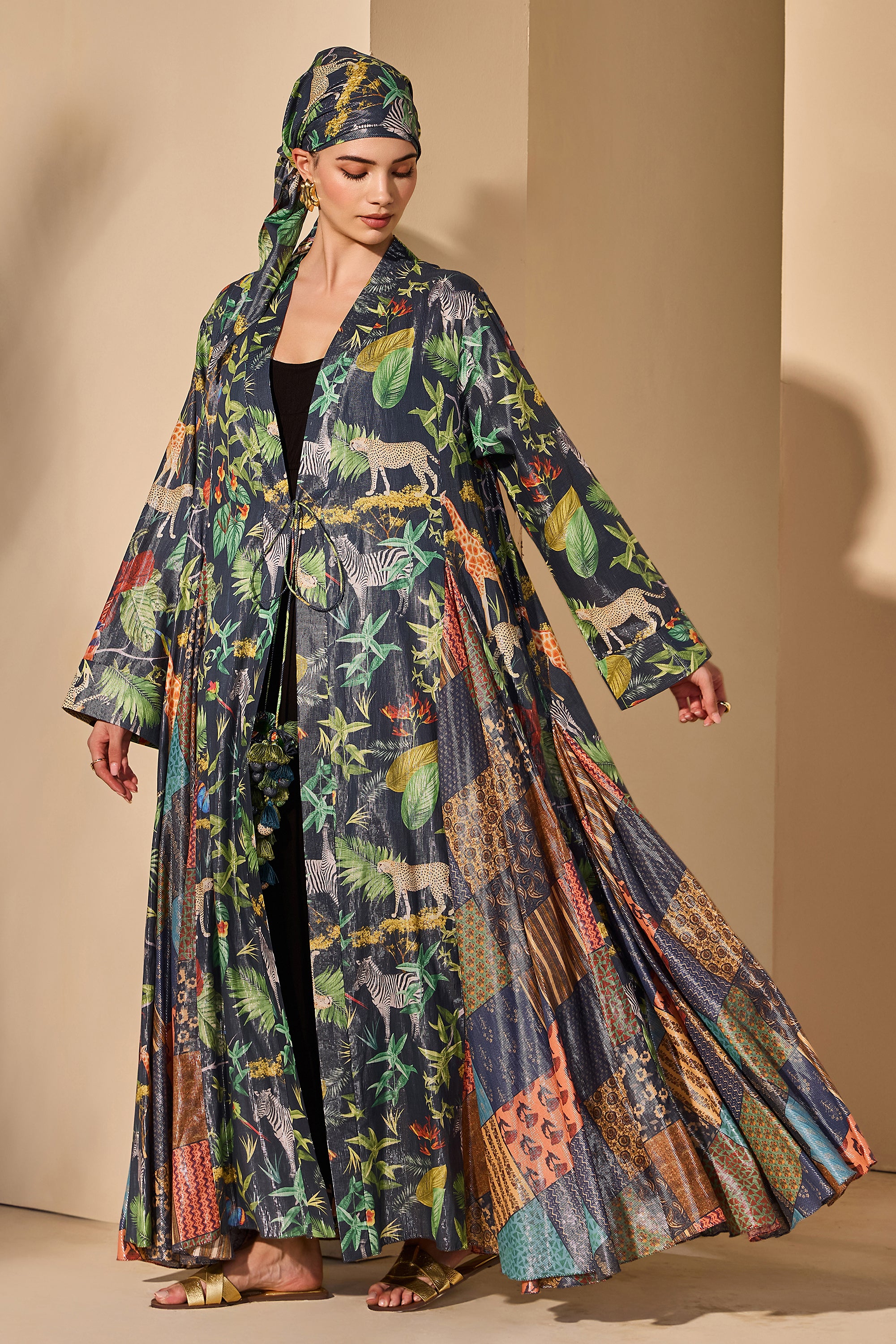 Rejina Cotton Printed Flared Jacket with Scarf