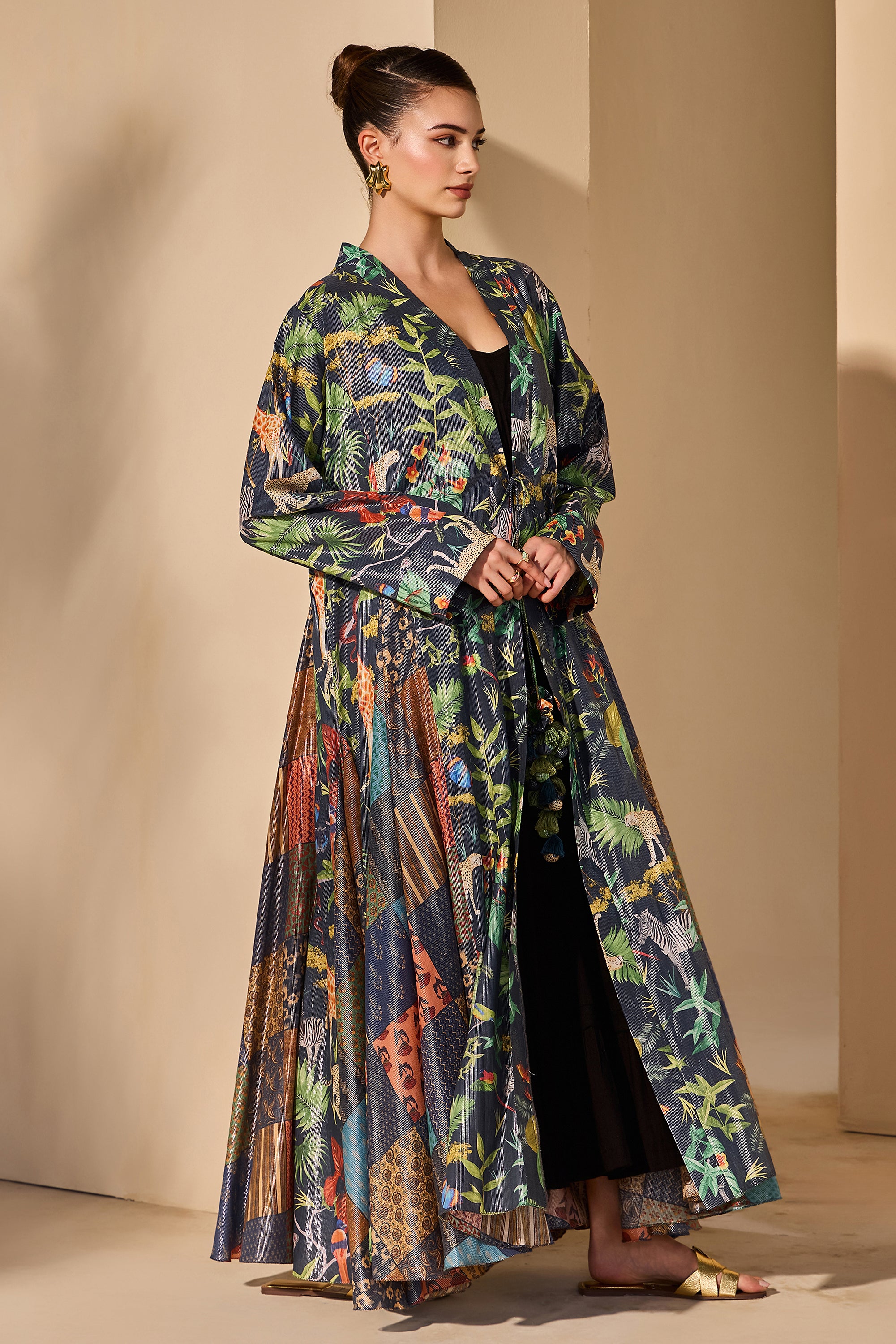 Rejina Cotton Printed Flared Jacket with Scarf