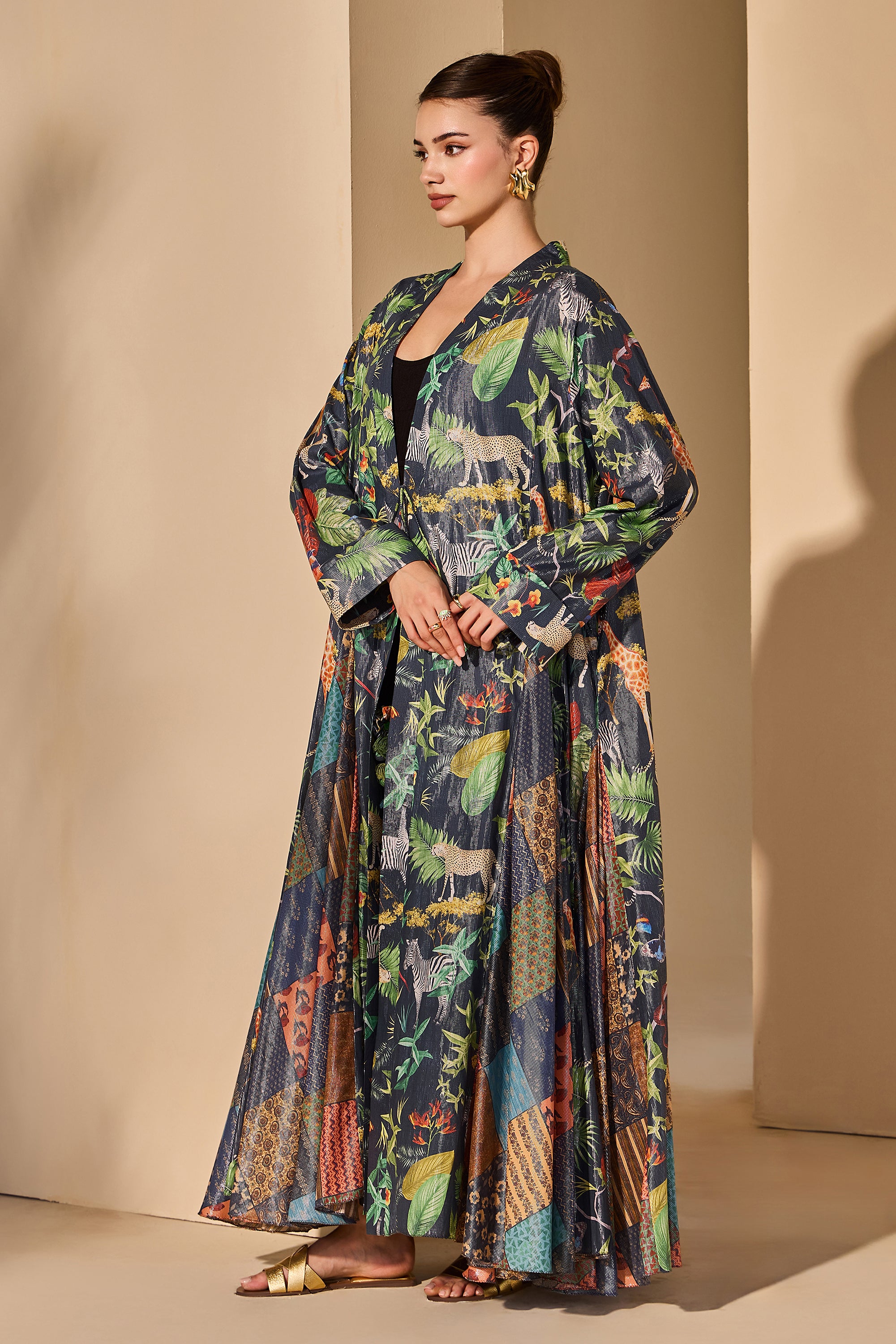 Rejina Cotton Printed Flared Jacket with Scarf