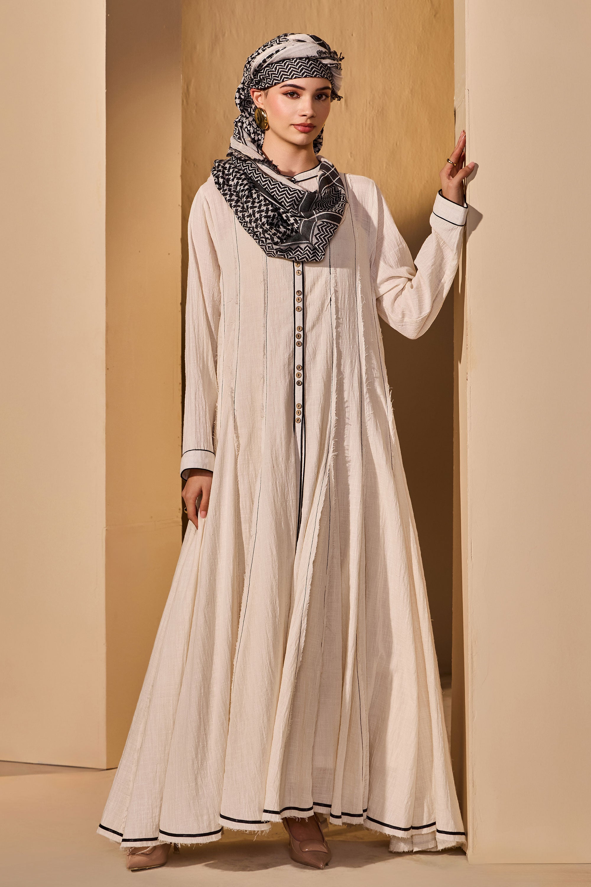 Celirene Cotton Slub Dress with Scarf