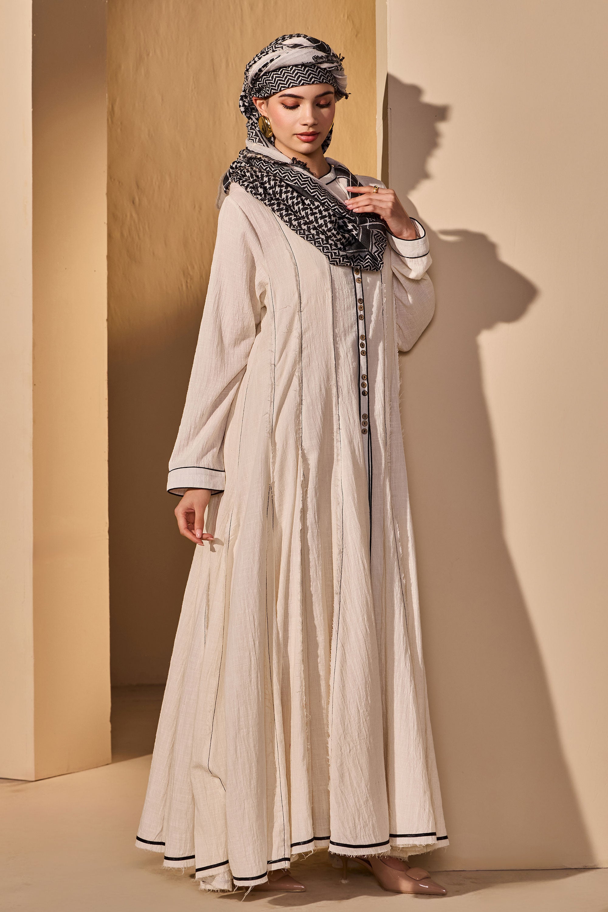 Celirene Cotton Slub Dress with Scarf