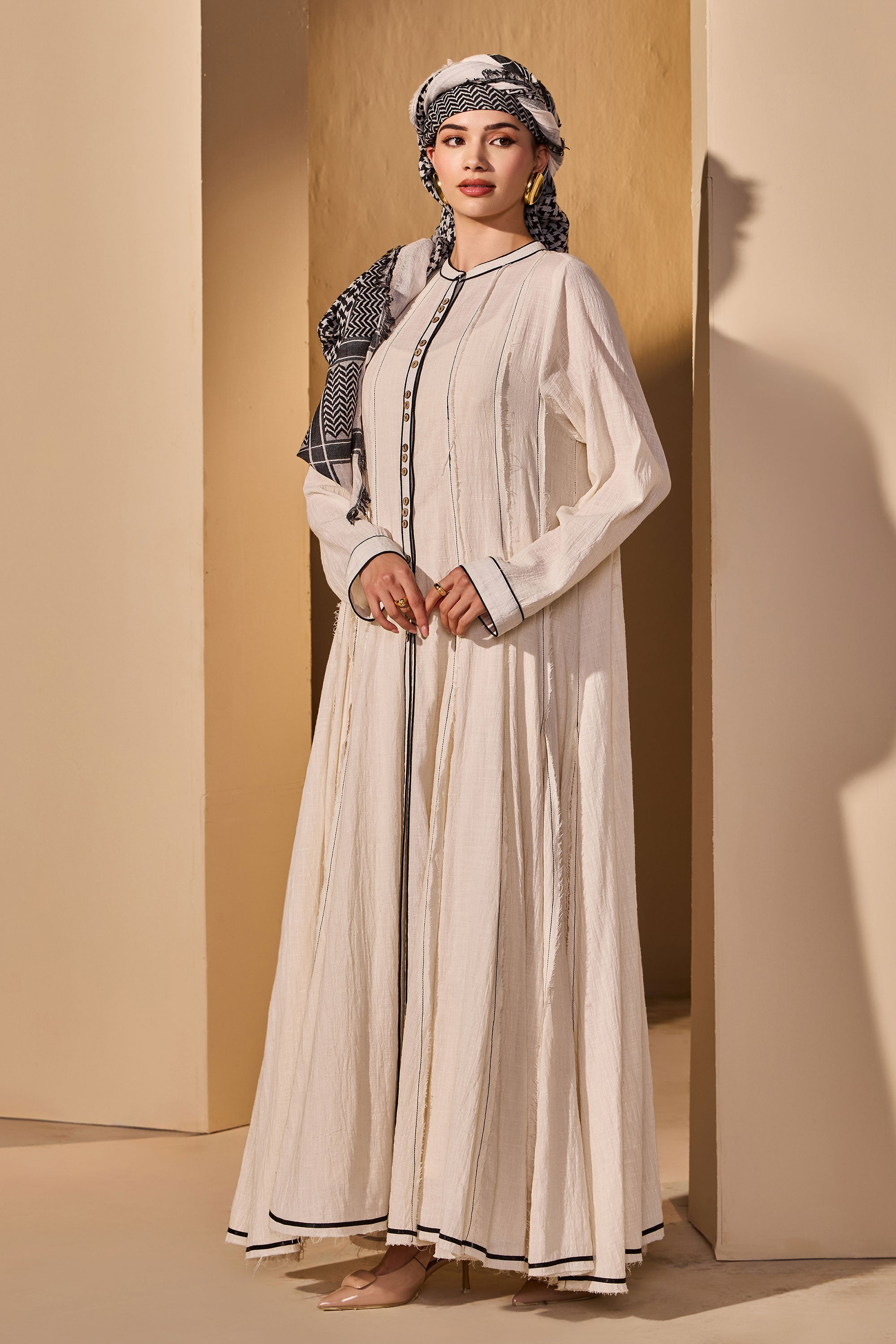 Celirene Cotton Slub Dress with Scarf