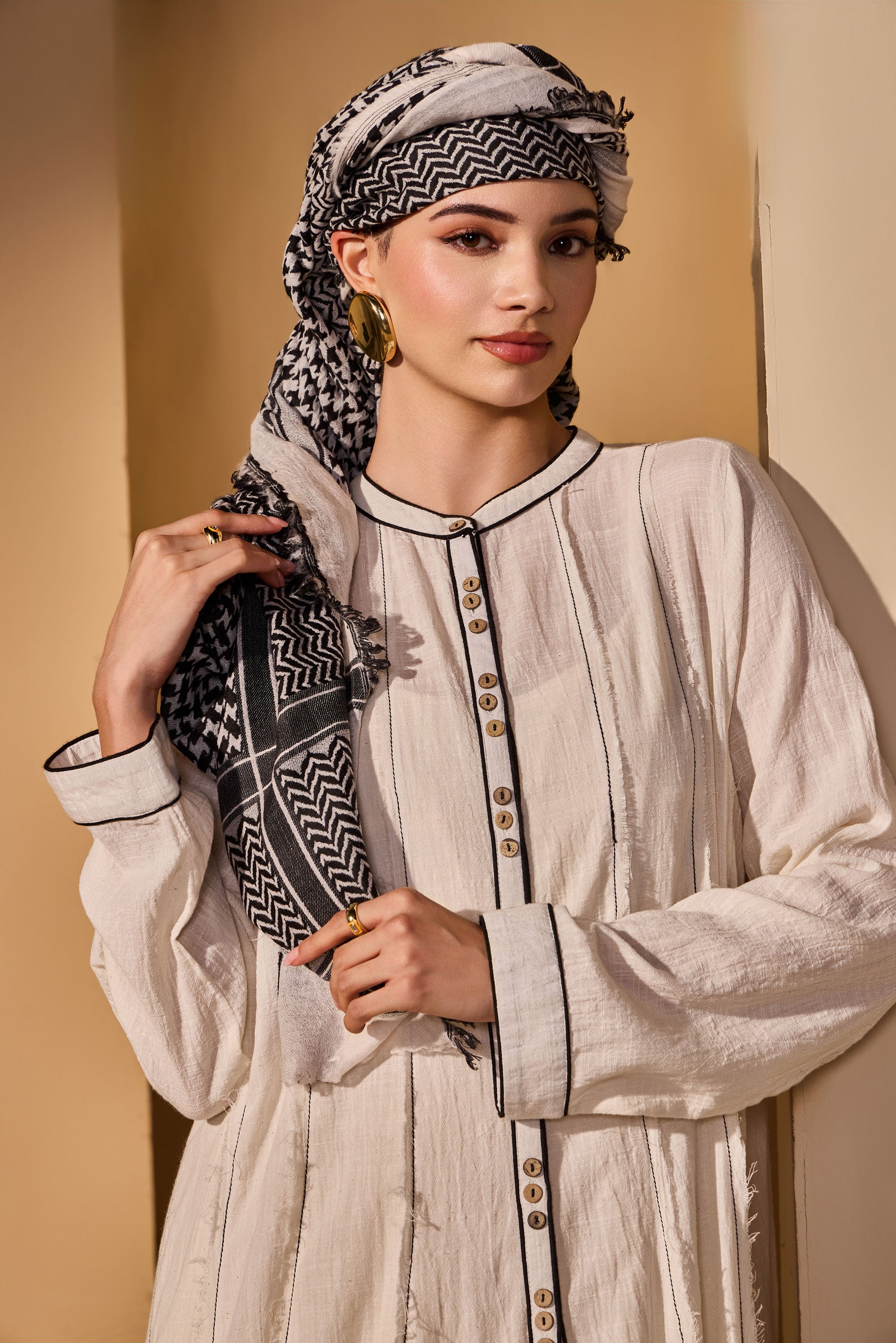 Celirene Cotton Slub Dress with Scarf