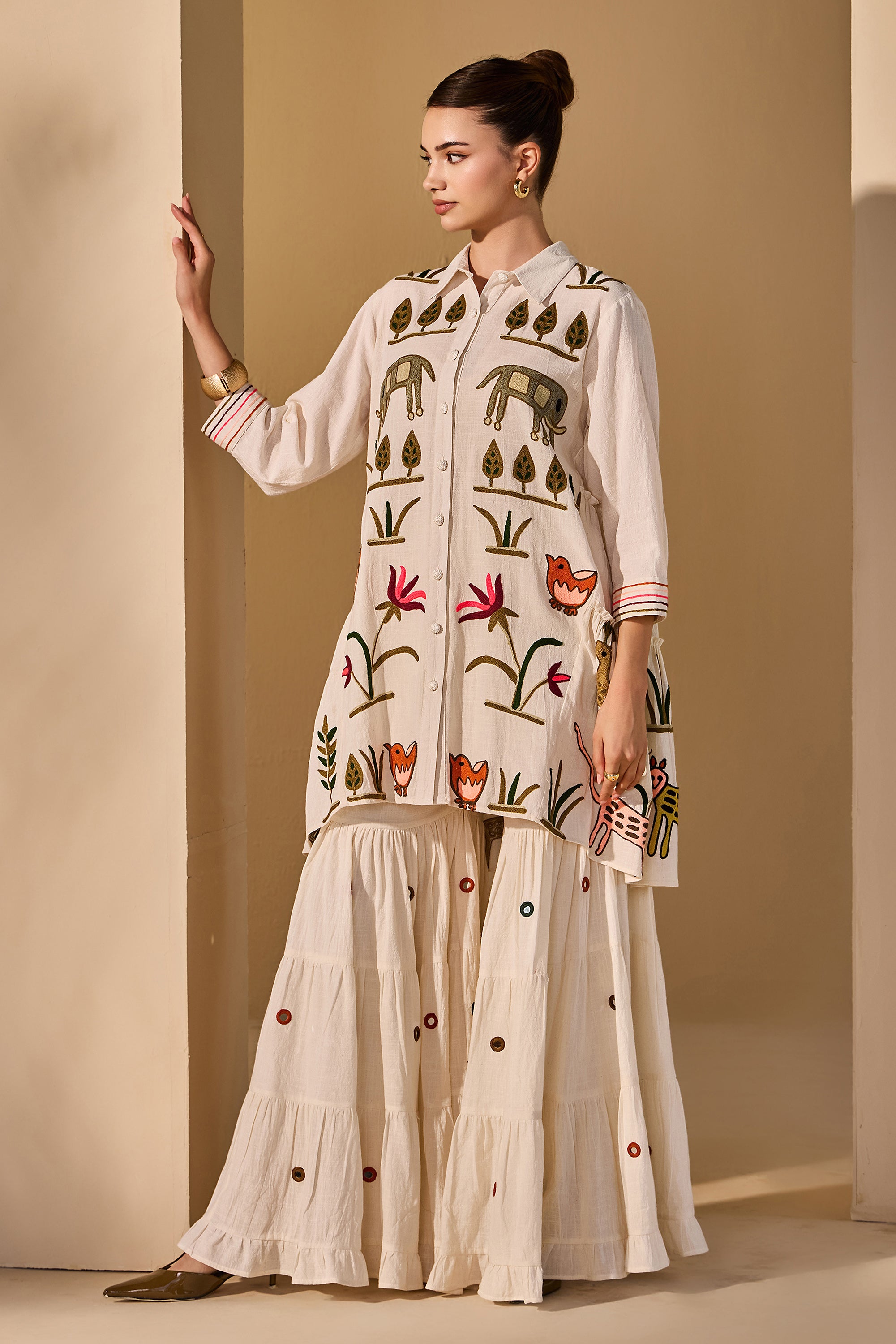Maelis Cotton Slub Embroidered Top with Flared Bottoms