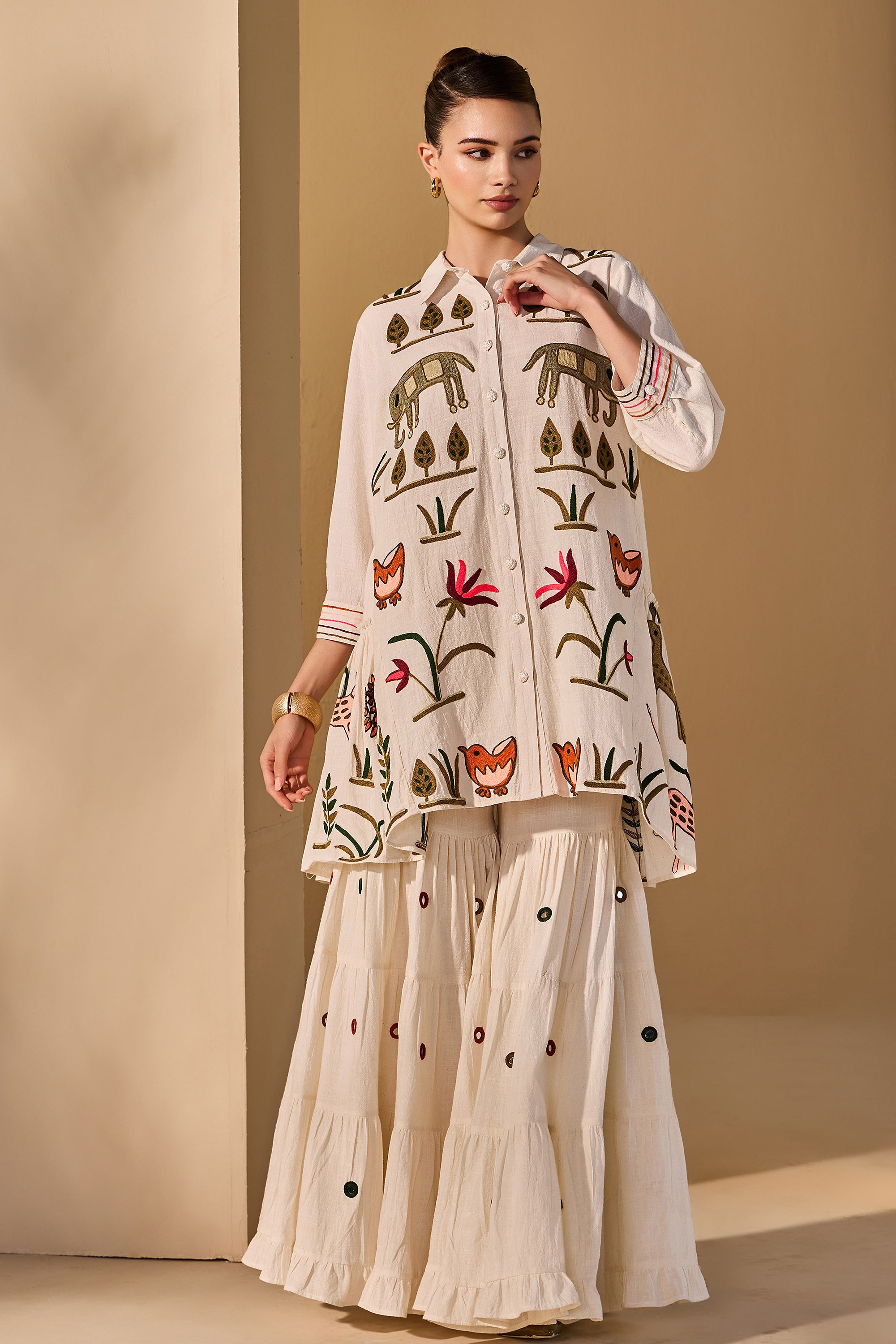 Maelis Cotton Slub Embroidered Top with Flared Bottoms