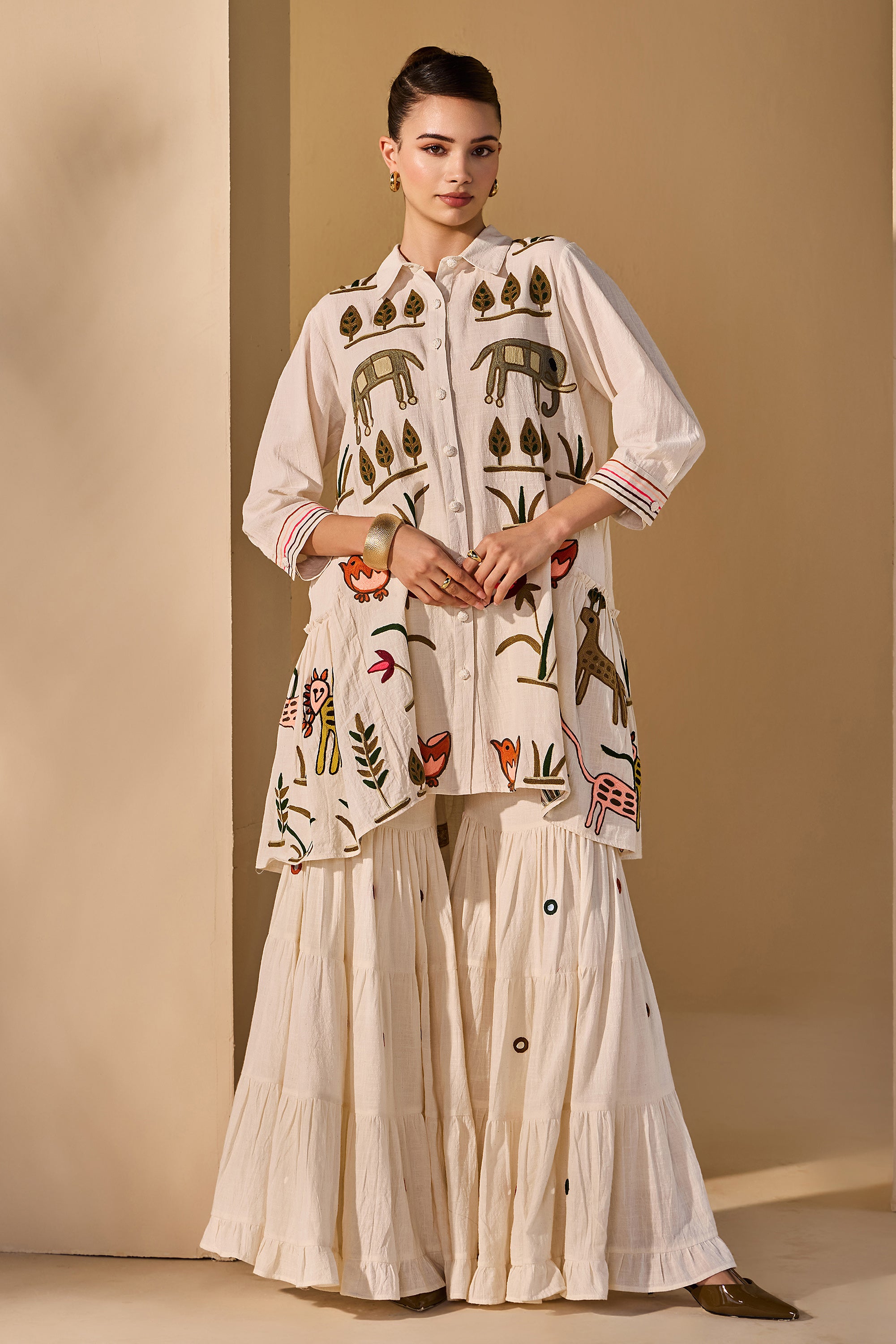 Maelis Cotton Slub Embroidered Top with Flared Bottoms