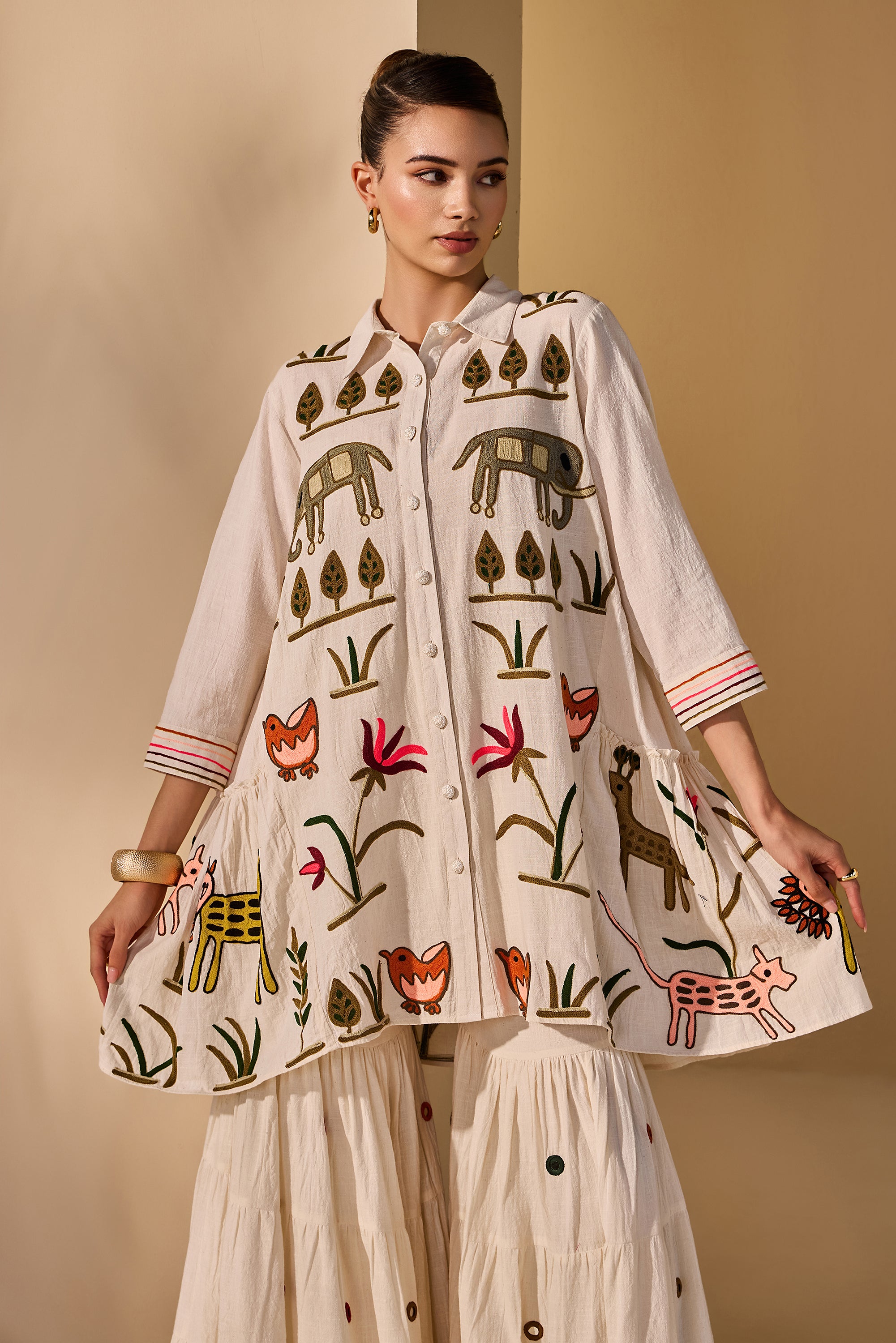 Maelis Cotton Slub Embroidered Top with Flared Bottoms