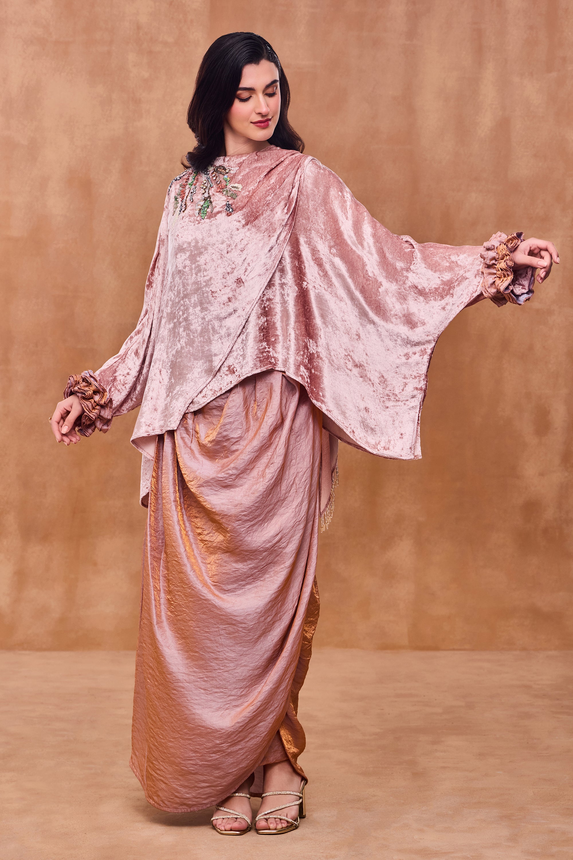 Olivarae Embellished Cape with Cowl Skirt