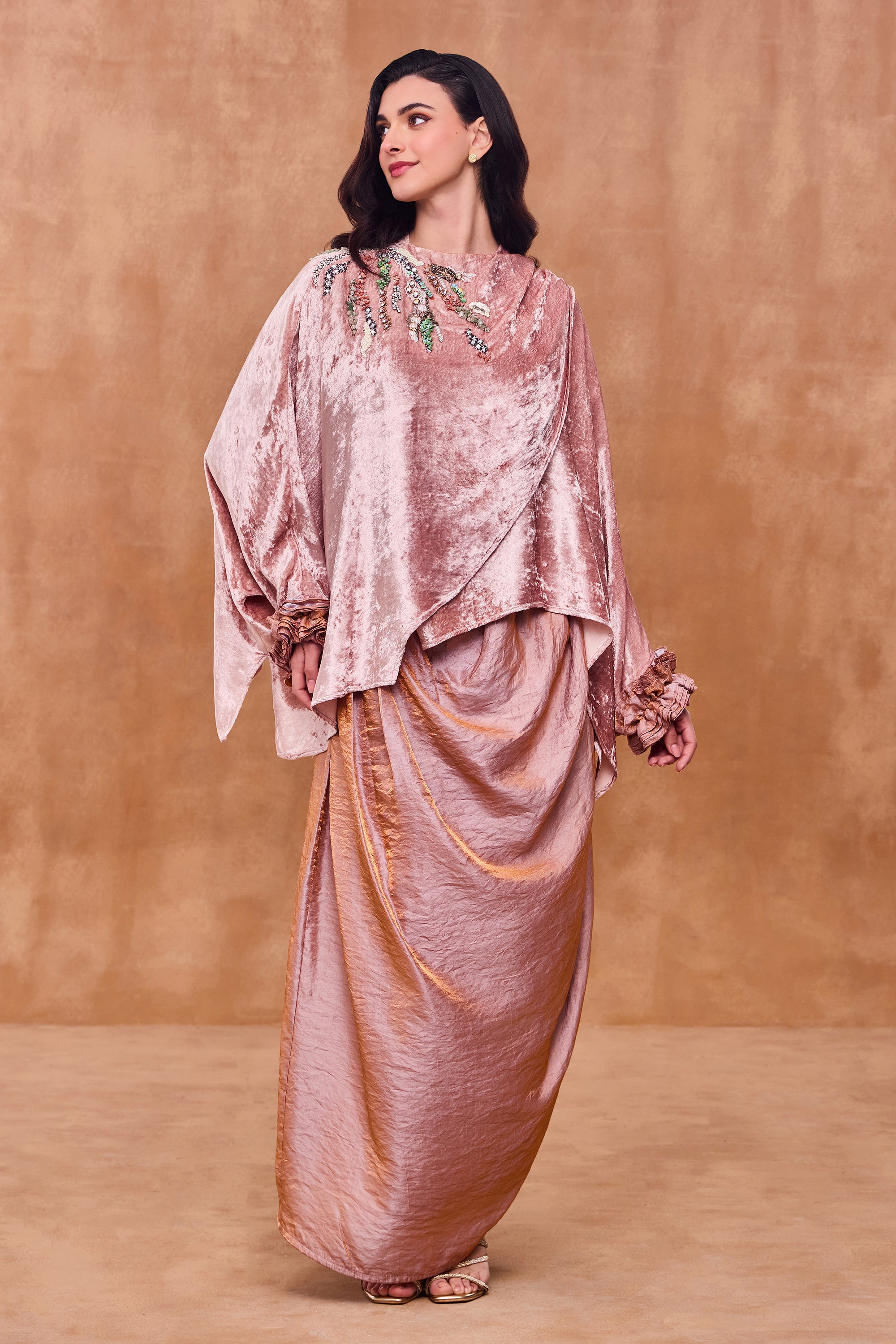 Olivarae Embellished Cape with Cowl Skirt