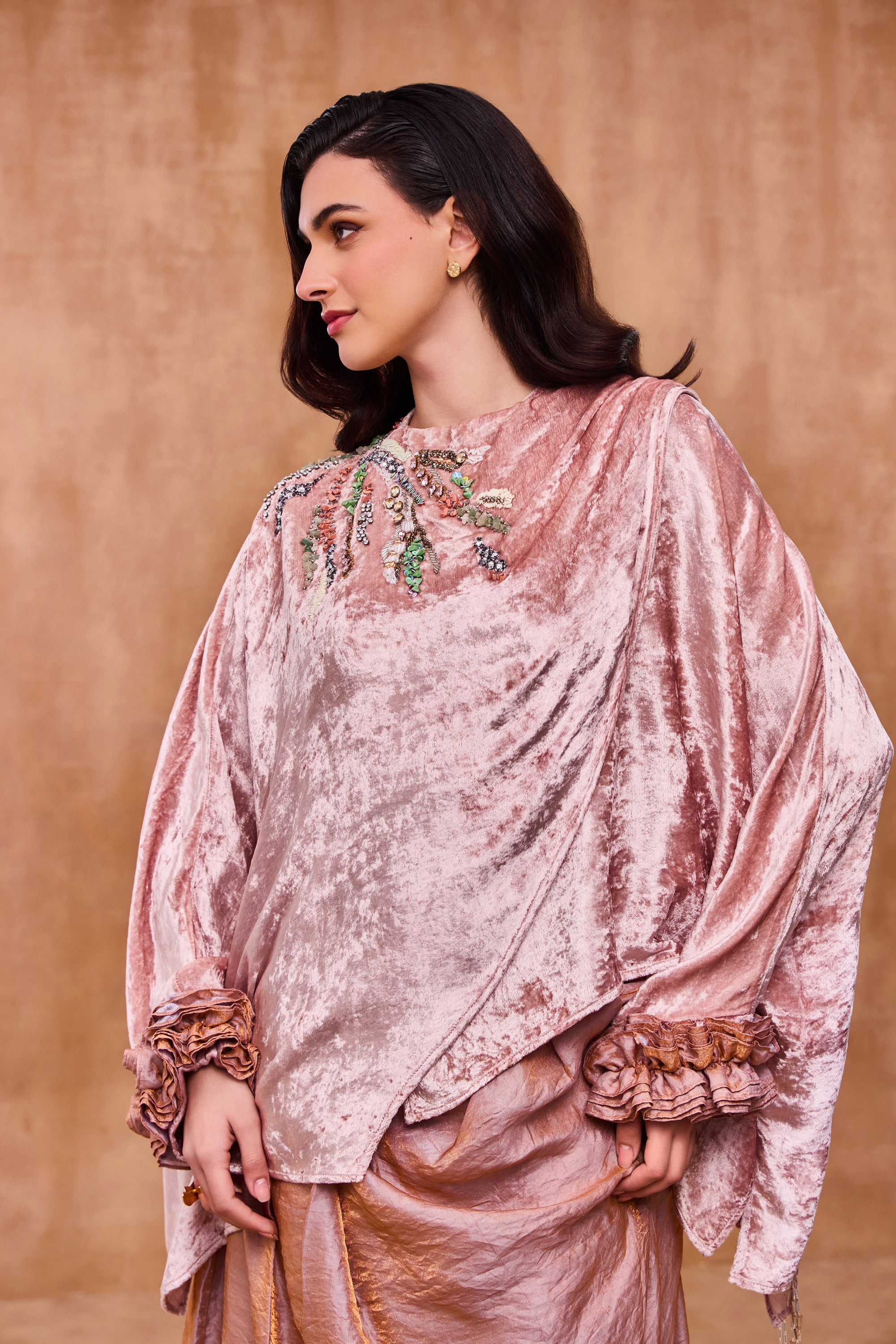 Olivarae Embellished Cape with Cowl Skirt